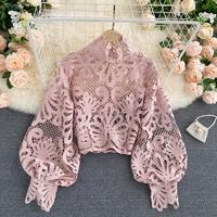 Seksowna koronkowa Hollow Out krótka bluzka Casual latarnia z długim rękawem stojak koszule kołnierzykowe kobiece eleganckie czerwone/różowe/białe luźne góra 2020 3